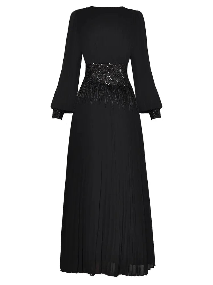 Eleanor  V-Neck Lantern Sleeve Feathers Sequins Patchwork Elegant Party Pleated Black Dress