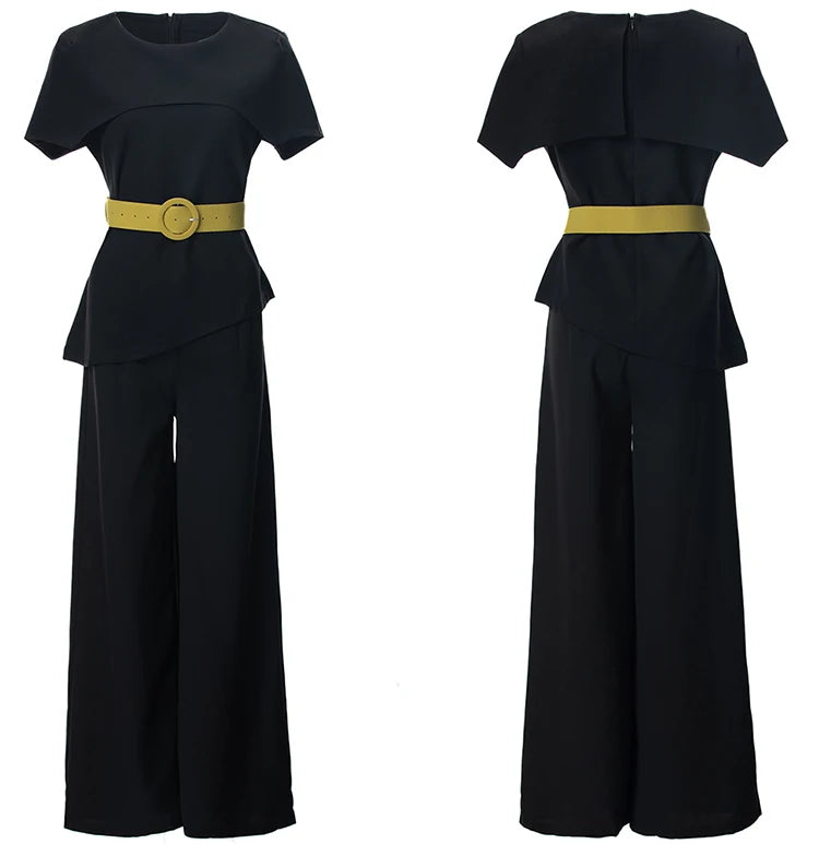 Jessica O-Neck Cloak Sleeves Sashes Tops + Wide leg pants Office Lady 2-Piece Set