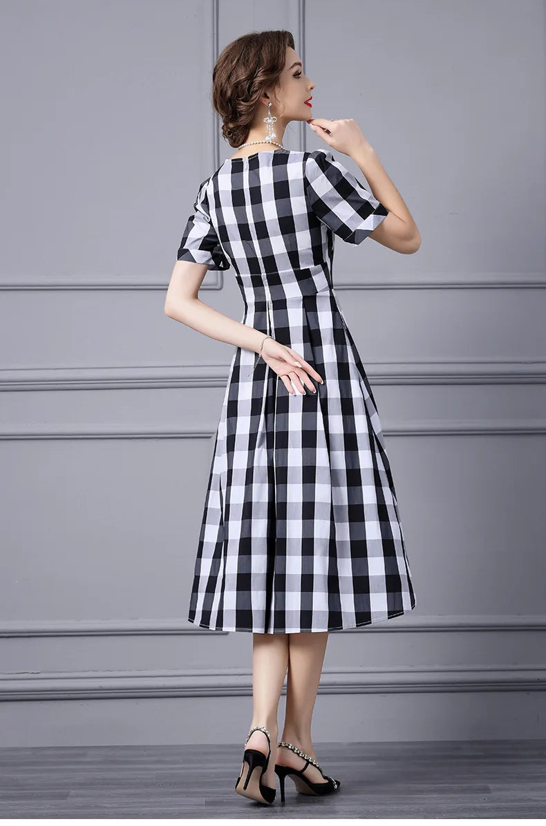 Julissa Black And White Plaid Dress High Waist Slim Mid-Length Dress