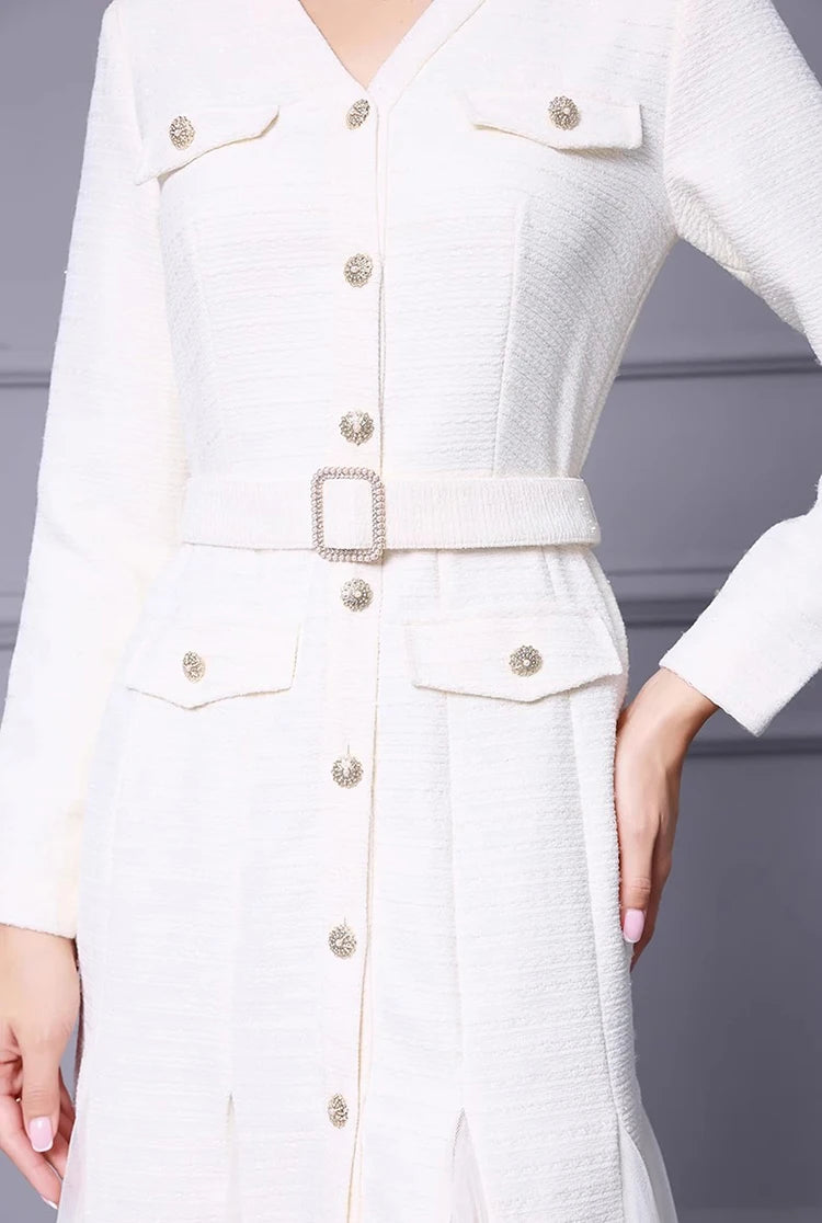Angela Autumn Winter V-Neck Single-Breasted Lace-Up Slim Dress White / L / China Angela Autumn Winter V-Neck Single-Breasted Lace-Up Slim Dress White / L / China