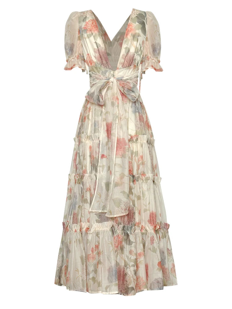 Casey Bohemian Floral Print Ruched Cascading Ruffle Lace Up Backless Dress