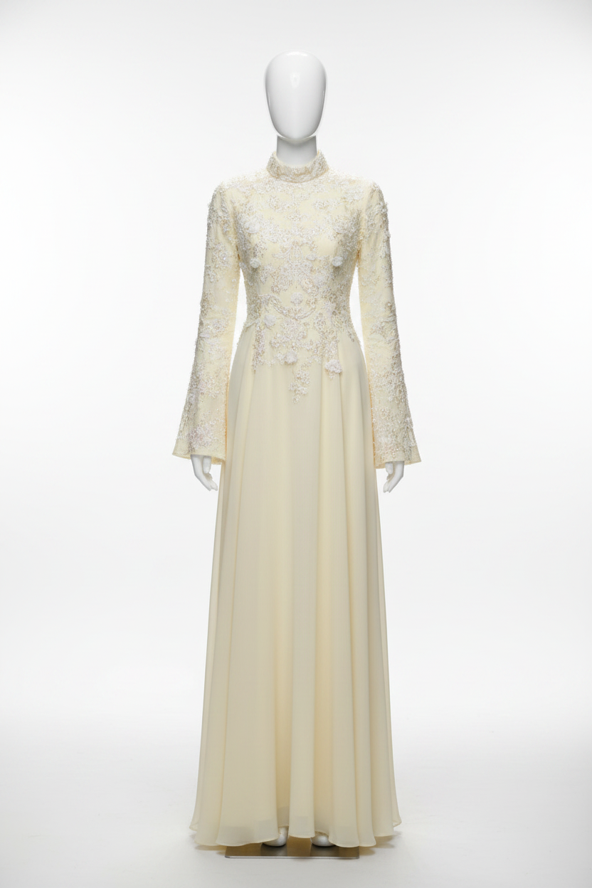 Gaia Luxury Yellow Crepe Evening Dress Appliques O Neck Full Sleeves A Line Prom Dress