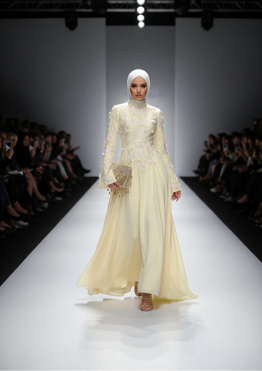 Gaia Luxury Yellow Crepe Evening Dress Appliques O Neck Full Sleeves A Line Prom Dress