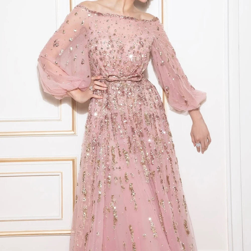 Mikey Blush Tulle Off-the-Shoulder Evening Dress Puff Sleeve Gown