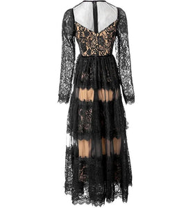Leilany Autumn Lace O-Neck Long Sleeve Hollow Out Mesh Patchwork Vintage Long Dress