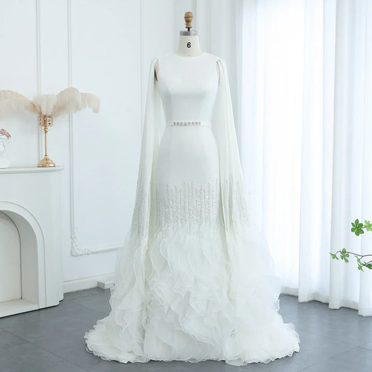Adelaide White Evening Dresses with Cape Sleeves Tiered Ruffles Women Wedding Party Gown