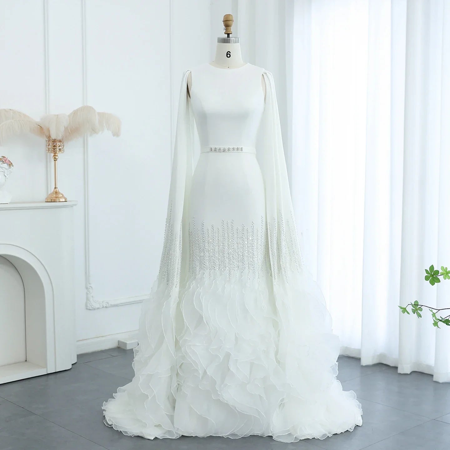 Adelaide White Evening Dresses with Cape Sleeves Tiered Ruffles Women Wedding Party Gown