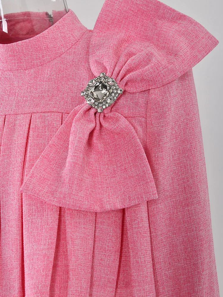 Gail  Tassels Hem and  Diamonds Three-dimensional Bow Spliced Top High Waist Skirt  Vintage Tweed Two Piece Set