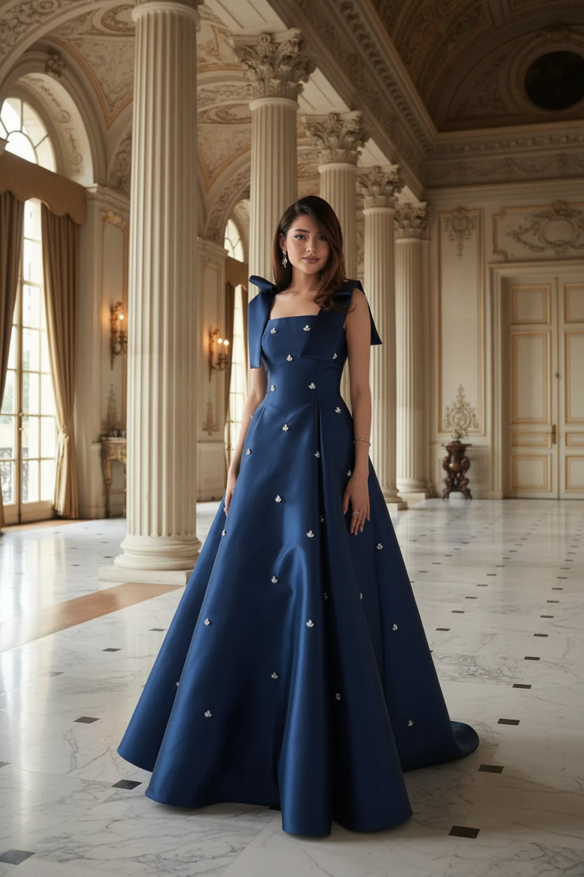 Naomi Blue Beaded Long Bespoke Occasion Gown Evening Dress