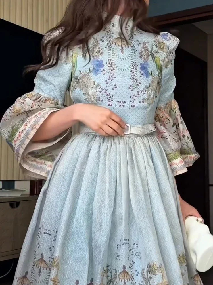 Fiona Floral Print Button Down Mock Neck Maxi Long Lantern Sleeve Dress