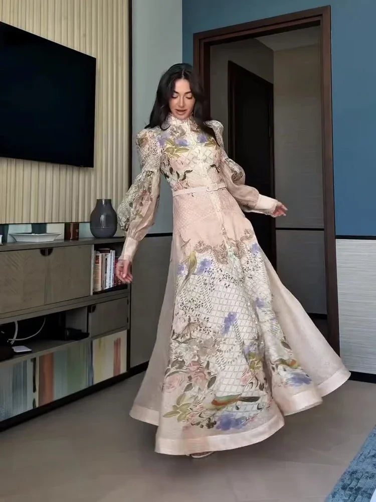 Fiona Floral Print Button Down Mock Neck Maxi Long Lantern Sleeve Dress
