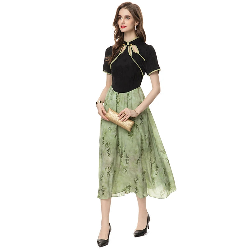 Bernadette Stand-Neck Short Sleeved Button Leaf Printing Casual  Dress