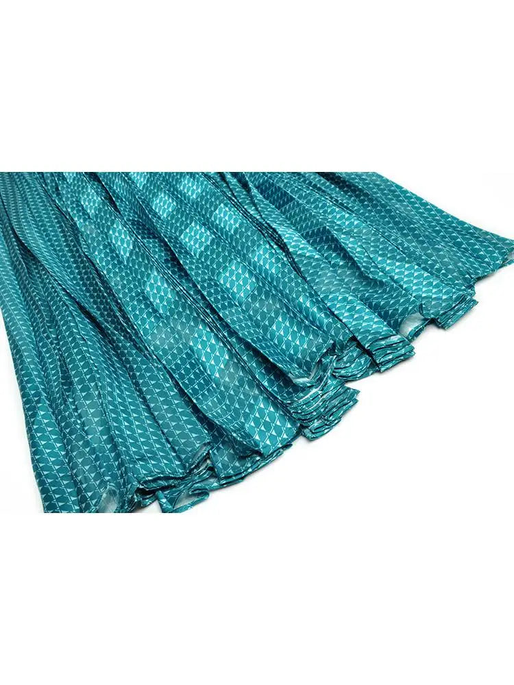 Ladia Chiffon Plaid Printed V-Neck Lace-Up Tie Pleated Large-Hem Dress