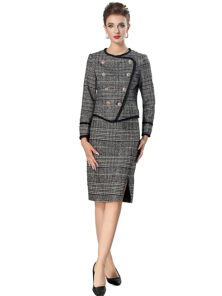 Danielle Plaid Tweed Suit Women O-Neck Double Breasted Jacket+Pencil Skirt Office Lady Two Piece Set