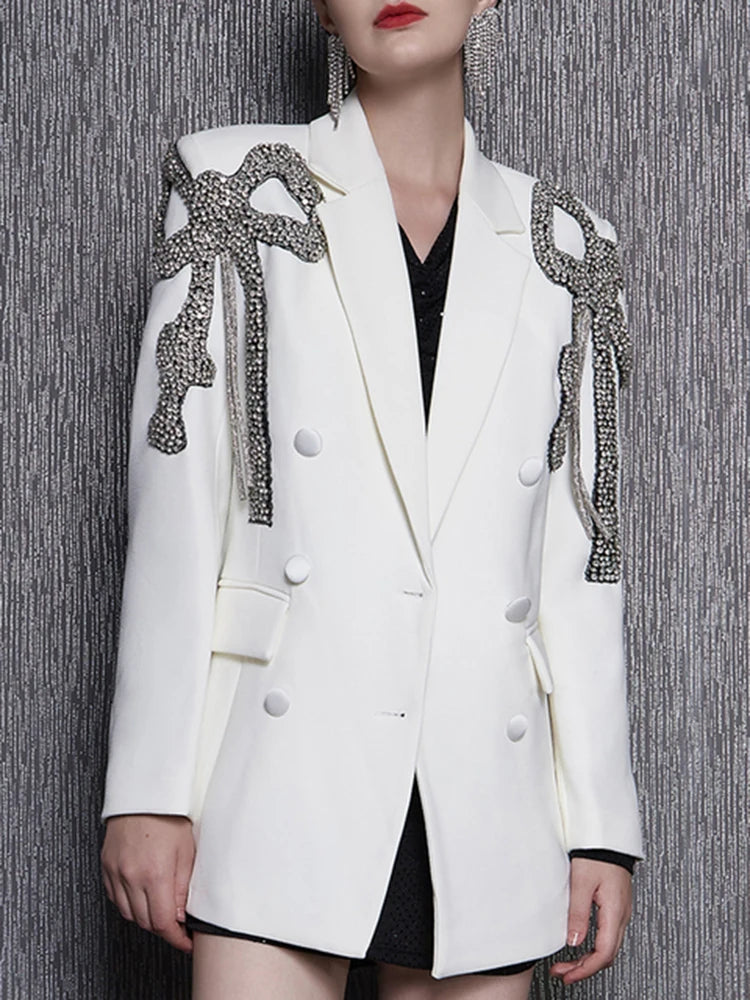 Luxury Long Sleeve Diamonds Spliced Bows Notched Collar Slim Fashion Jackets Blazer