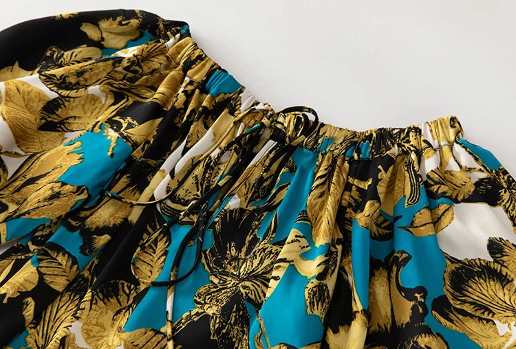 Annie Slash Neck Puff Sleeve Flower Print Vintage Lace-up Dress