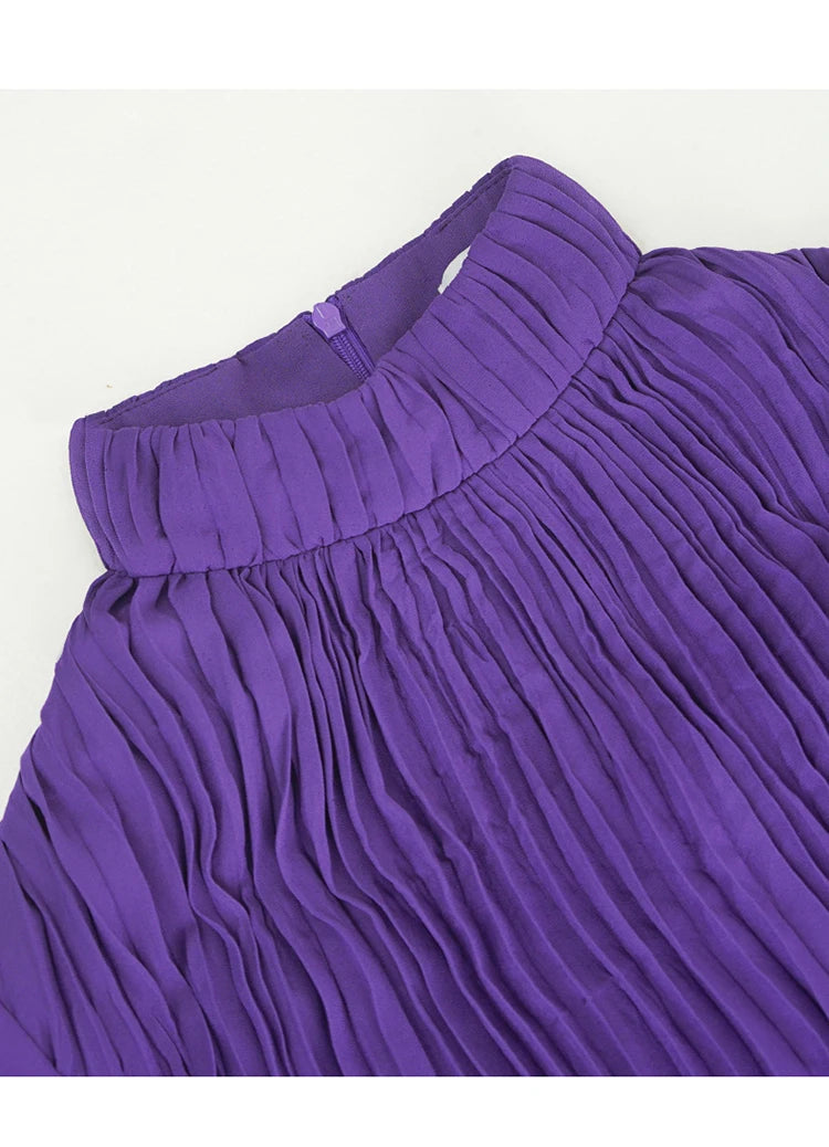 Asher Purple  Elastic Waist Slim Pleated Long Dress