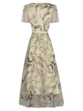 Load image into Gallery viewer, Scottie O-Neck Short Sleeve Belt Mesh Embroidery Floral Vintage Midi Dress