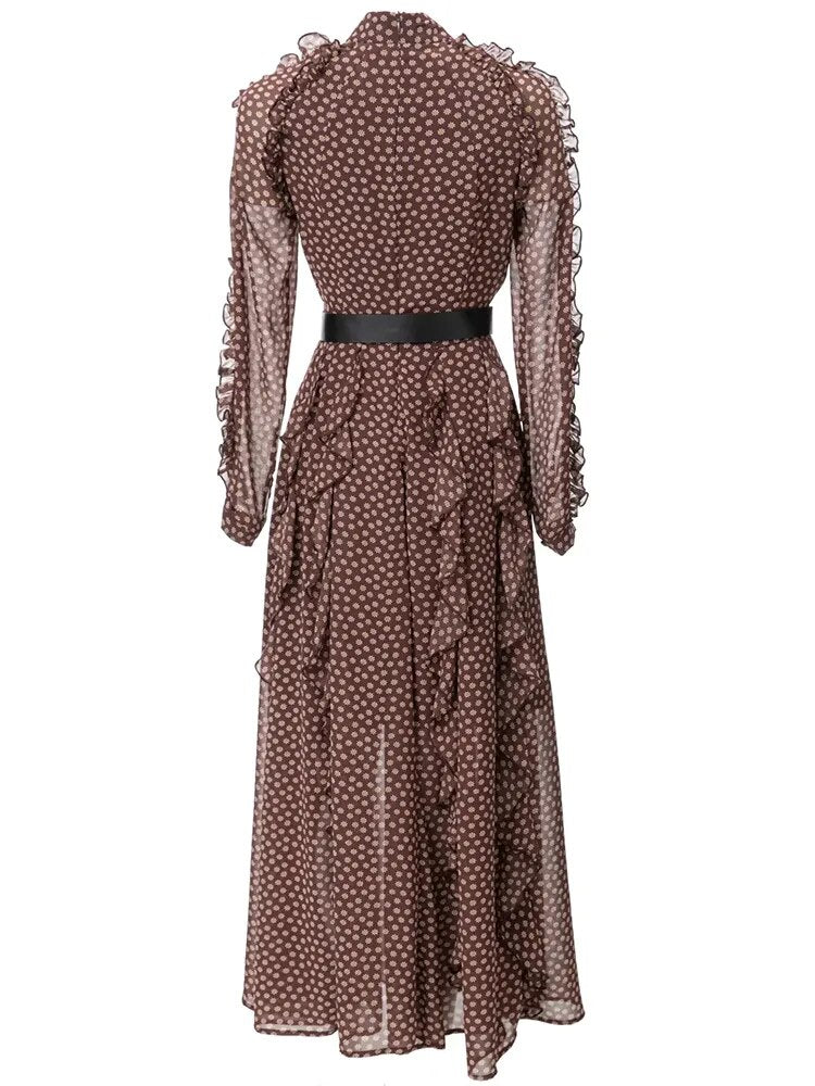 Whytley Stand Collar Lantern Sleeve Ruffle Belt Floral Print Vintage Holiday Dress
