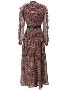 Whytley Stand Collar Lantern Sleeve Ruffle Belt Floral Print Vintage Holiday Dress