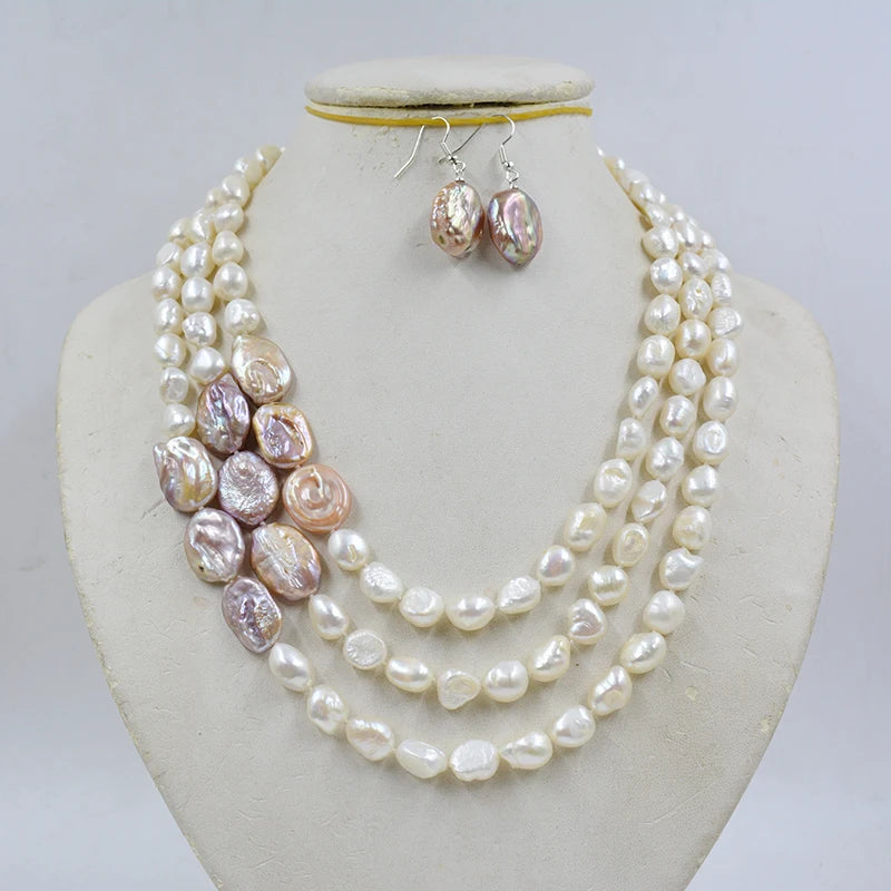 3 rows  9mm natural white Baroque freshwater pearl necklace/earring set. 18-25"