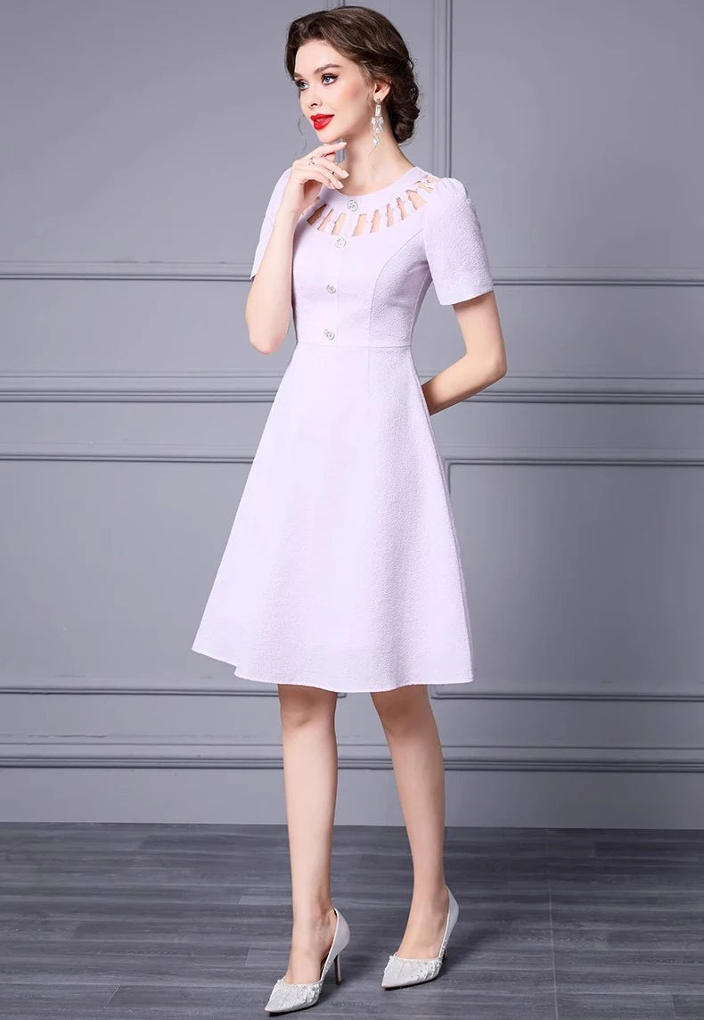 Gracelyn Short Sleeve Hollow Out Button Elegant A-Line Dress