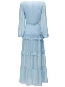 Maxie  V-Neck Lantern Sleeve Hollow Out Ruffle Solid Color Dress