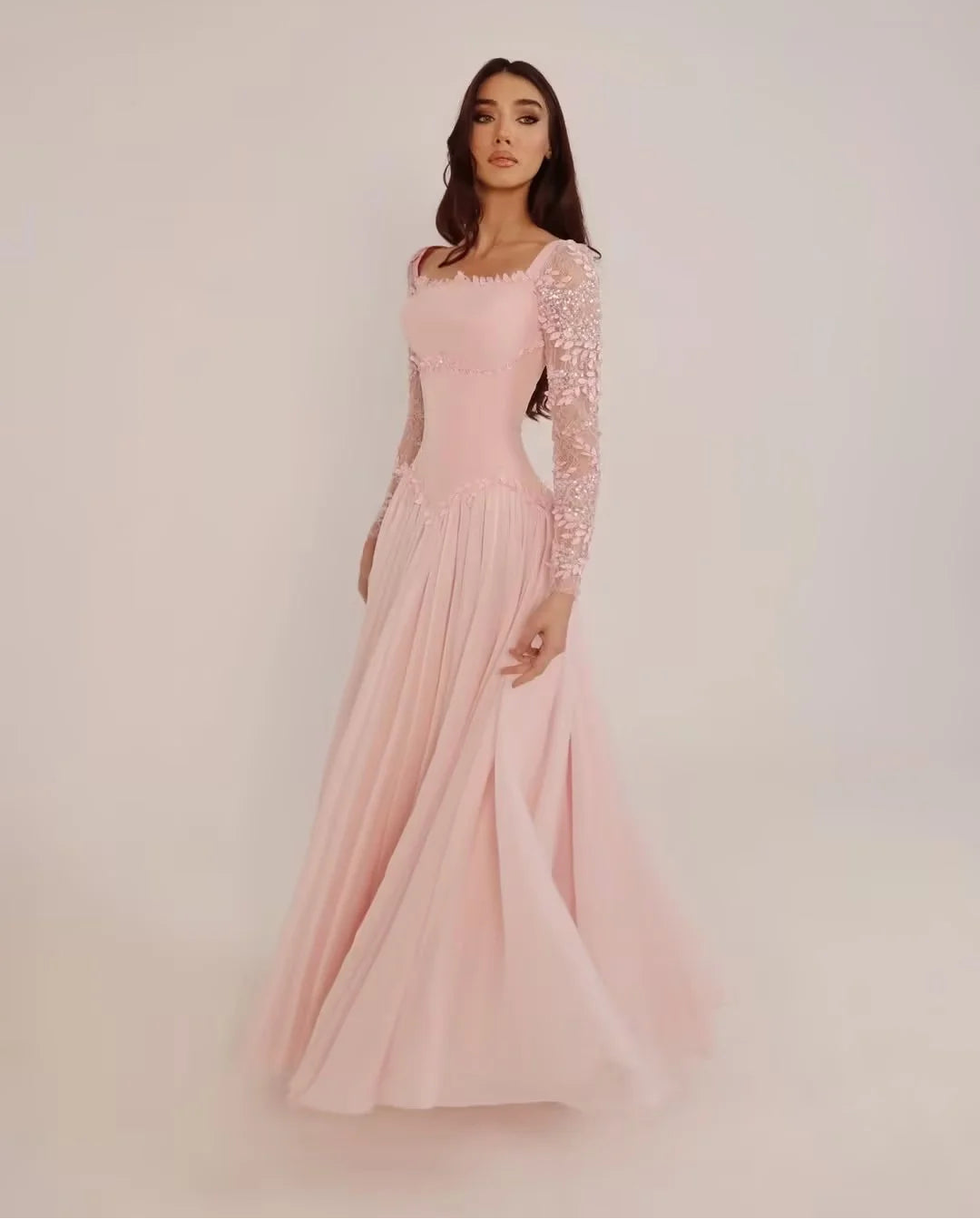 Rainchel Pink Beads Prom Gown O Neck Full Sleeves A Line Evening Dress