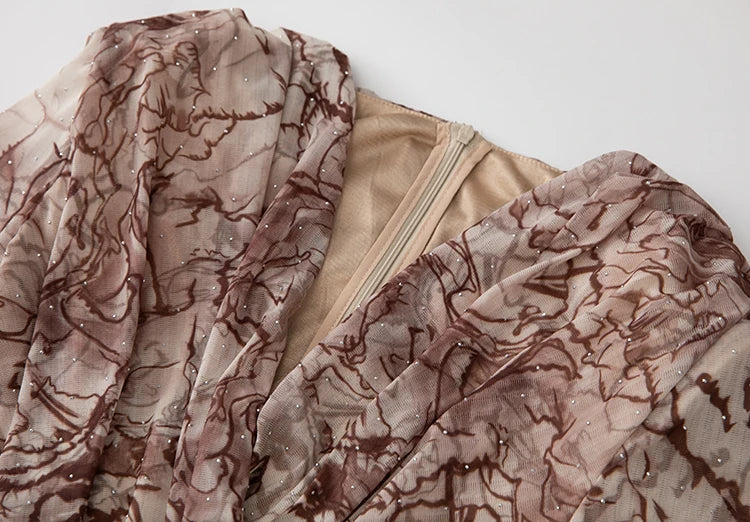 Margery V-Neck Short Sleeve Crystal Ruffles Vintage Print Dress