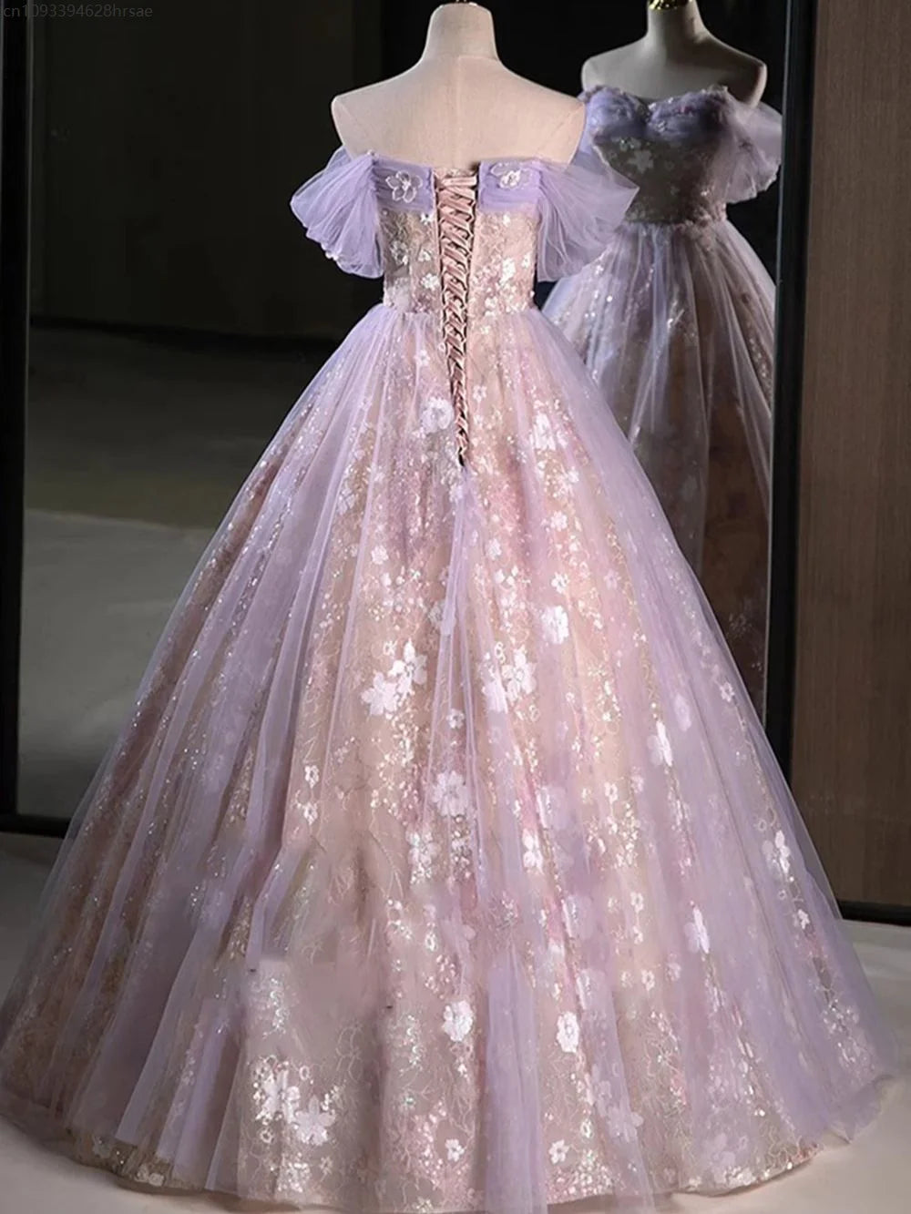 Mich Pink Purple Evening Dress Women Sweet Pleated Off The Shoulder Flower Applique Prom Gown Sequins A-Line Vestido