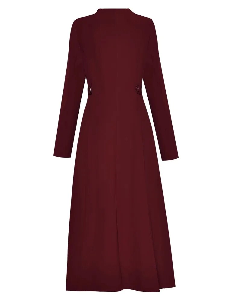 Araya Dress Women V-Neck Long Sleeve Temperament Office Lady Solid Color Midi Dress