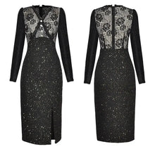 Load image into Gallery viewer, Maxine Autumn Sequins Tweed Pencil Dress Women V-Neck Long Sleeve Crystal Button Lace Patchwork Dress