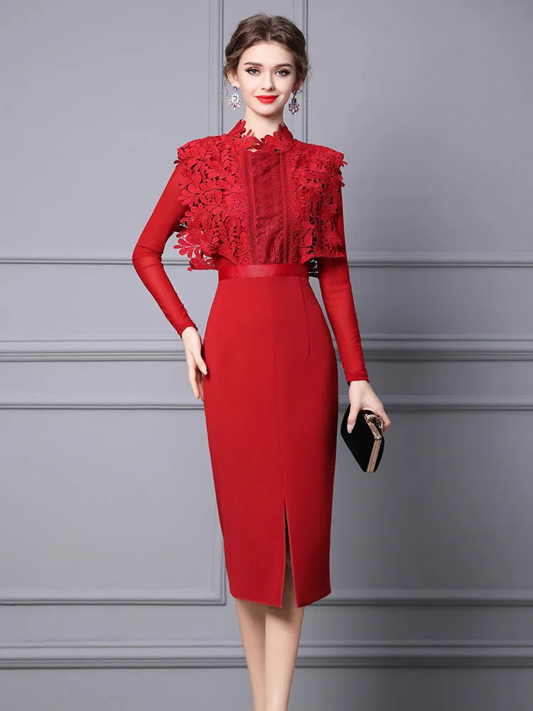 Grecilda Long Sleeve Midi Evening Party Dress red / XXL Grecilda Long Sleeve Midi Evening Party Dress red / XXL