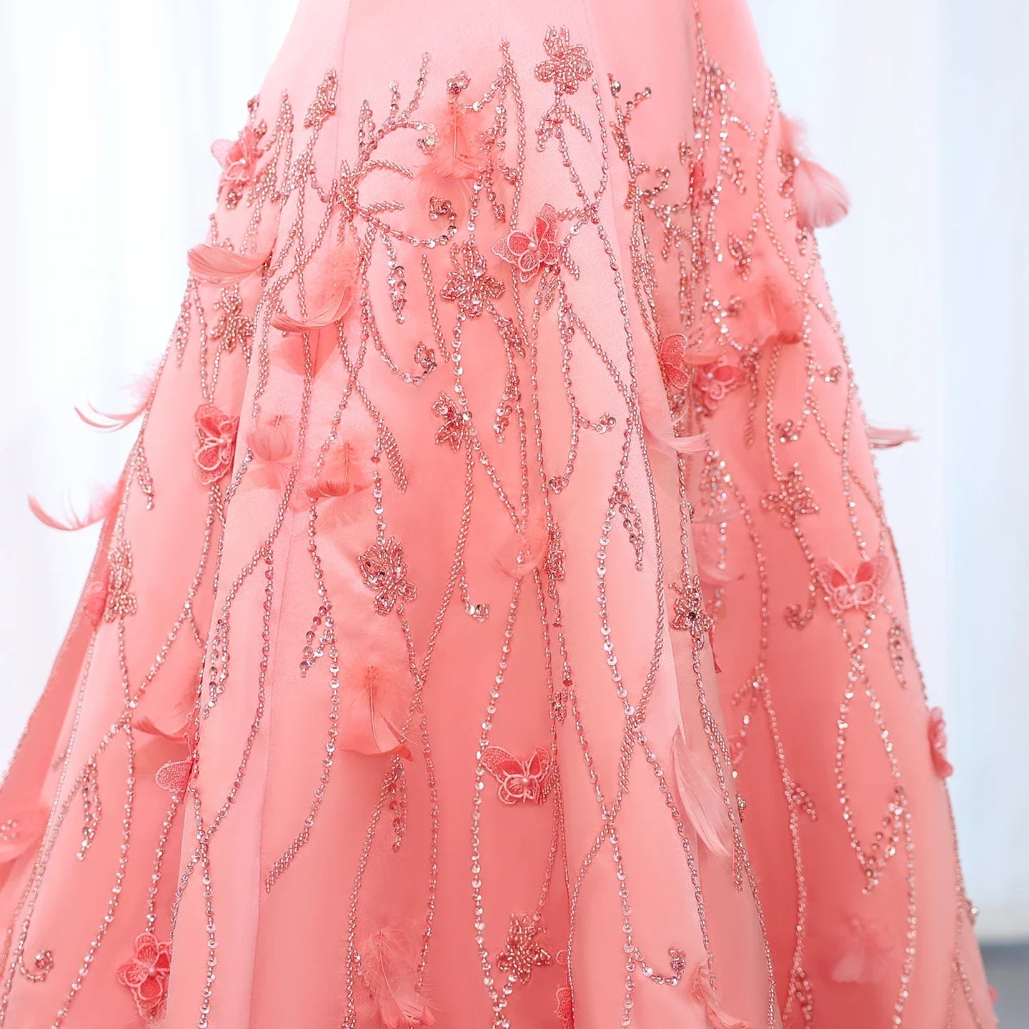 Carrie Coral Pink Luxury Feathers Dubai Evening Dress