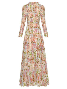 Salem Early Autumn O-Neck Long Sleeve Folds Floral Print Elegant Party Dress