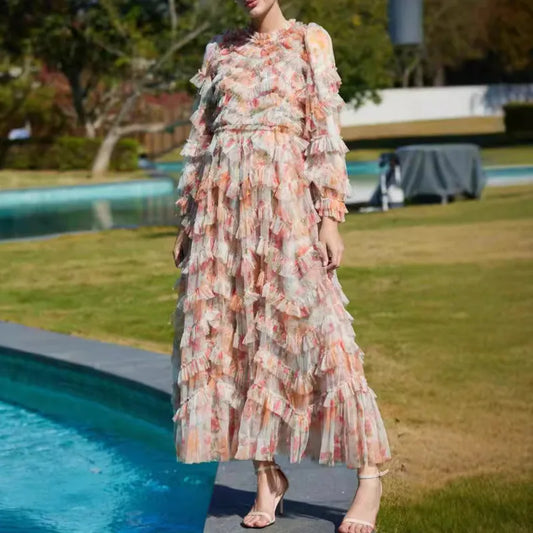 Athena Elegant Flower Print Embroidery Dress