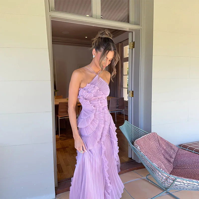 Linda Pleated Halter Neck Long Vacation Dress