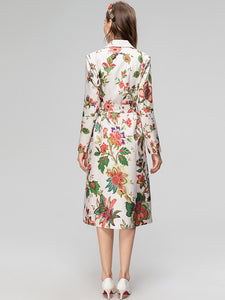 Ivory Long Sleeve Single Breasted Belt Flowers Print High Street  Trench Overcoat