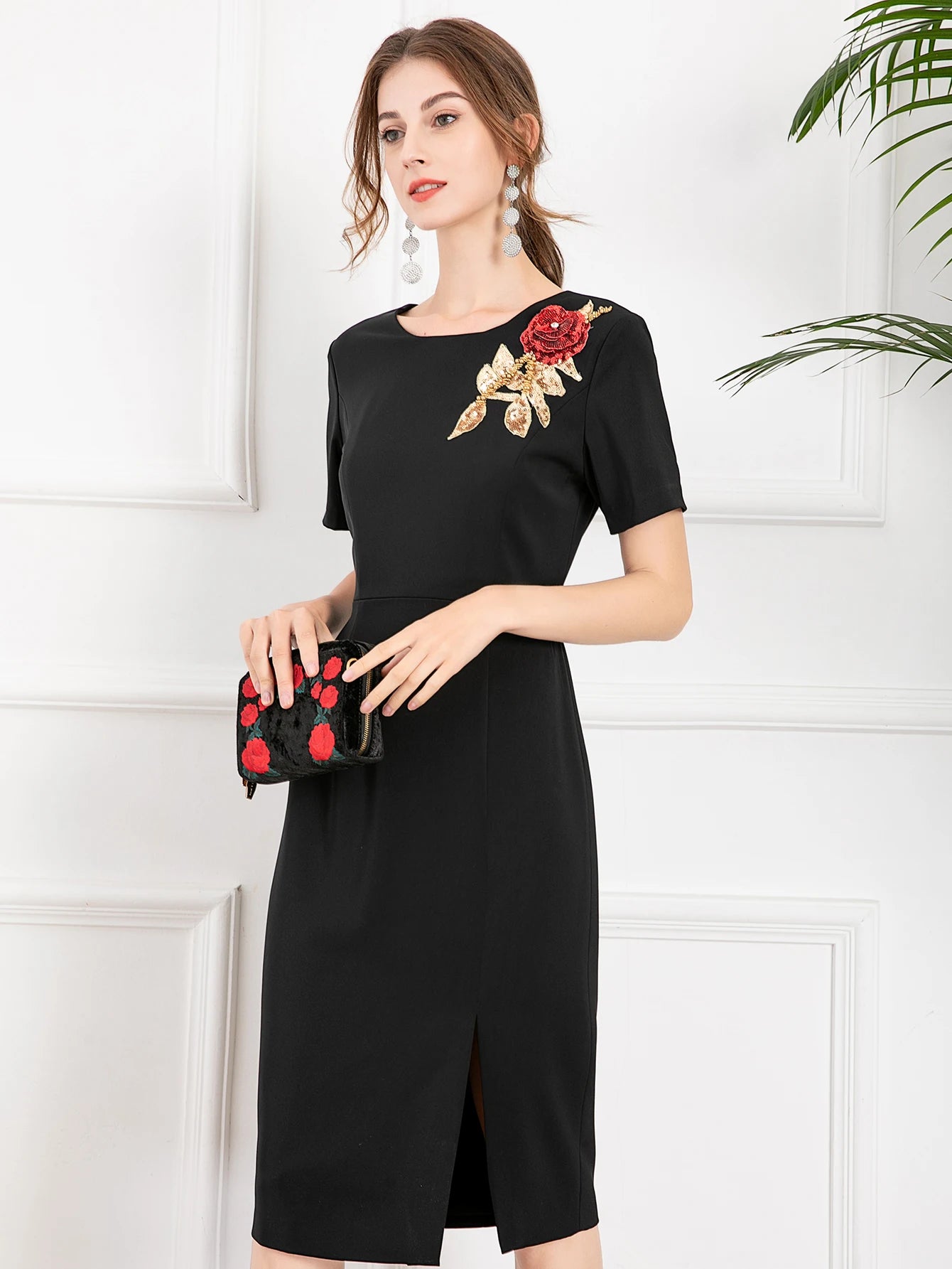 Tinsley Short Sleeve Luxury Floral Beaded Sequins Slim Midi Party Dress