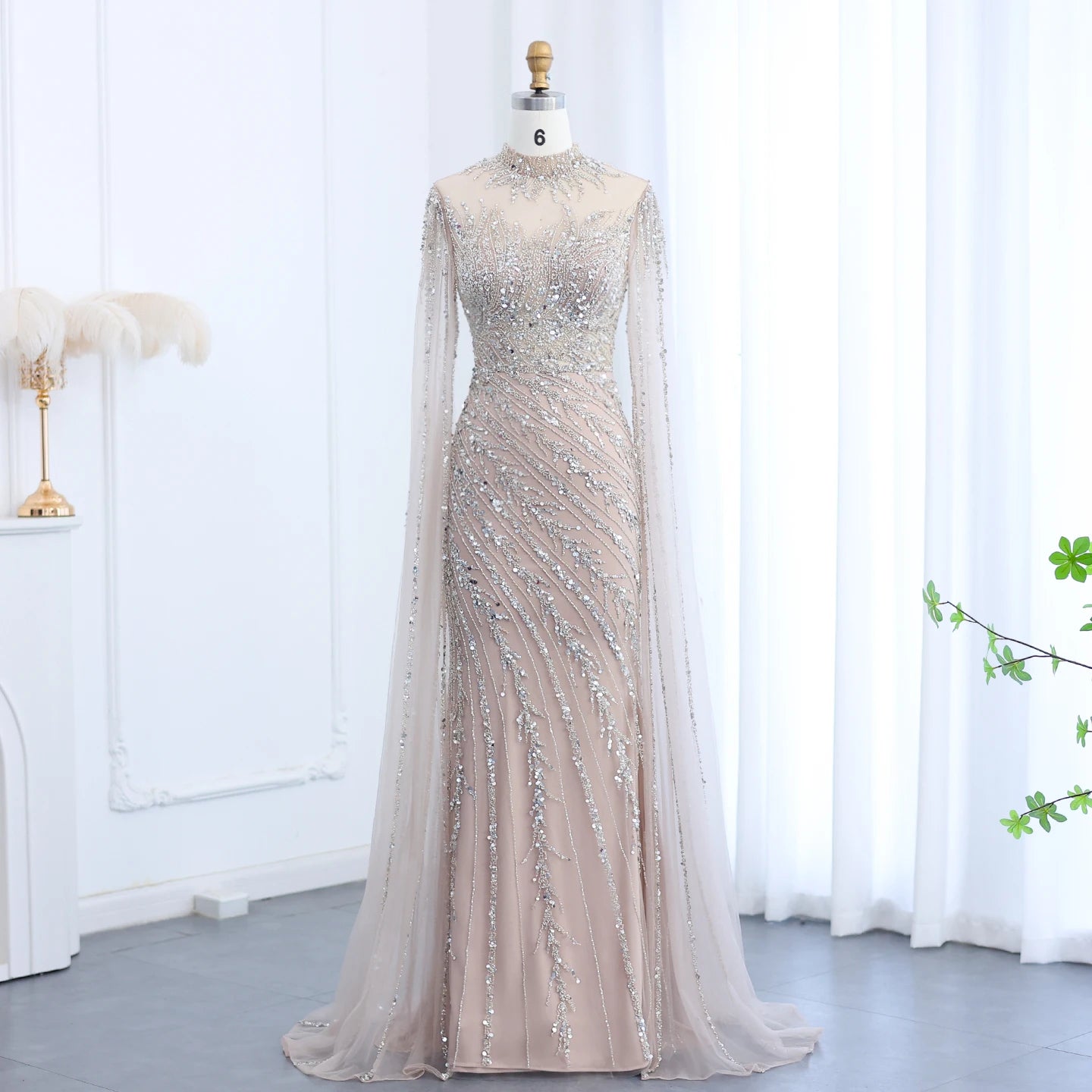 Becky Black High Neck with Beaded Cape Sleeve Evening Dress