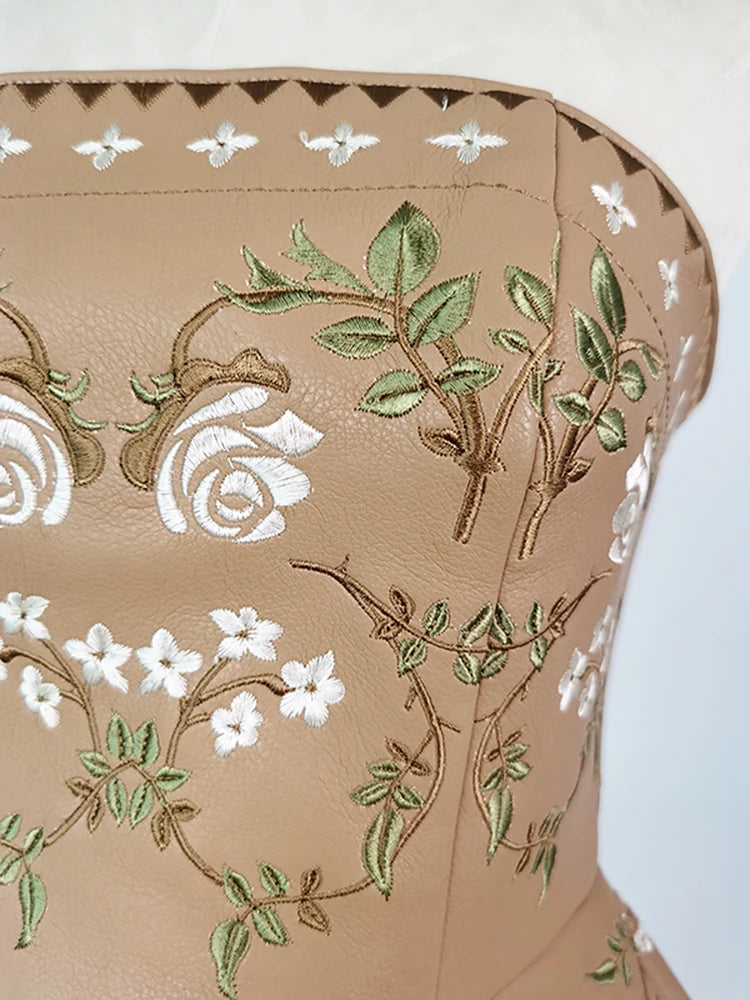 Dora Embroidery Flower Strapless Backless Belt Pu Leather Tops Waist Gauze 2 Pcs Skirt Suit