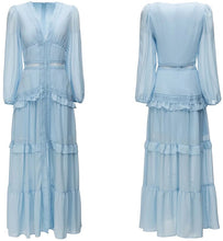 Load image into Gallery viewer, Maxie  V-Neck Lantern Sleeve Hollow Out Ruffle Solid Color Dress