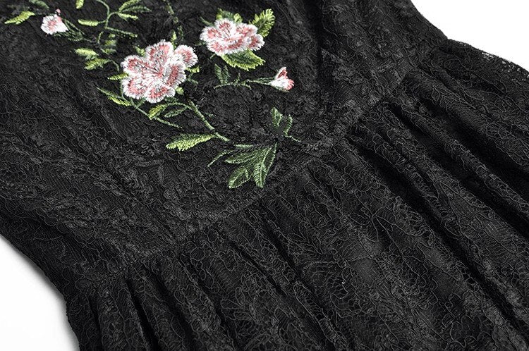 Molly Sequins Lace Dress Women O-Neck Lantern Sleeve Floral Embroidery Black Vintage Dress