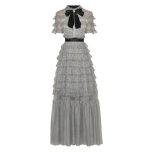 Load image into Gallery viewer, Erica O-Neck Short Sleeve Bow Tie Cascading Ruffles Mesh Polka Dot Dress