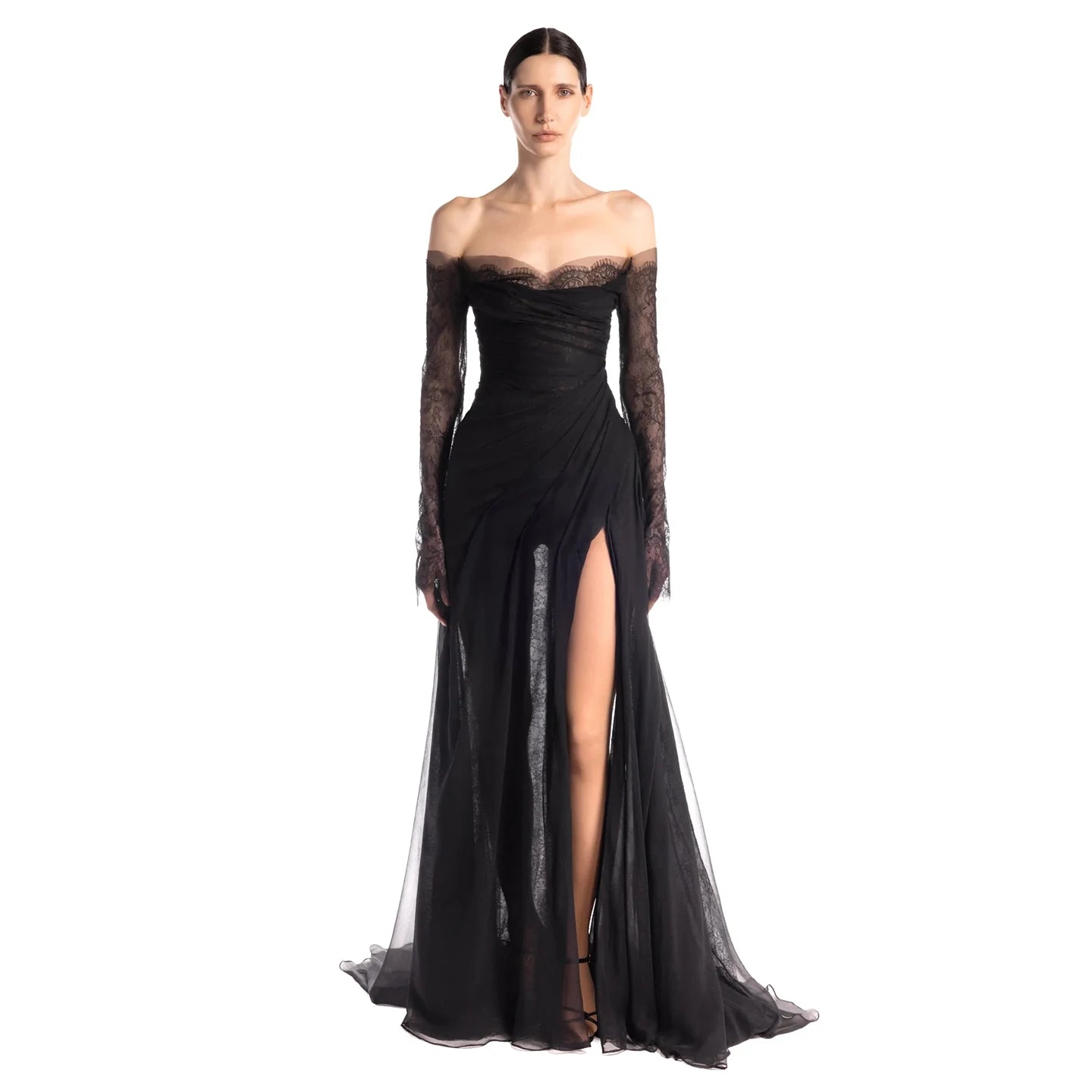 Betsy Sexy Tulle Long Sleeves Black Strapless Prom Dress