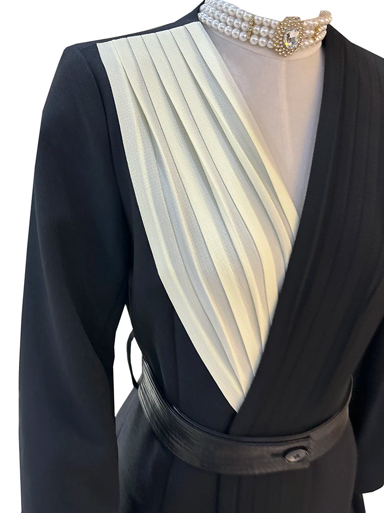 Marigold Irregular V Neck Patchwork A-Line Tie-belted Elegant Midi Dress
