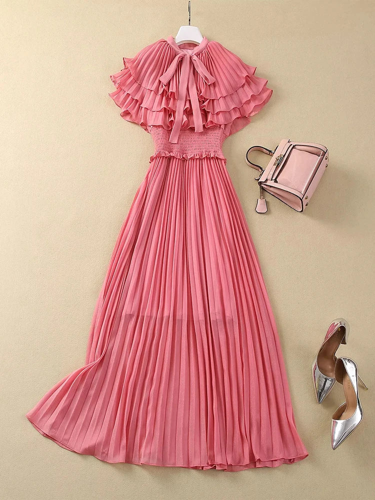 Caroline Lace-up Collar Butterfly Sleeve Elastic Waist Vintage Party Long Dress