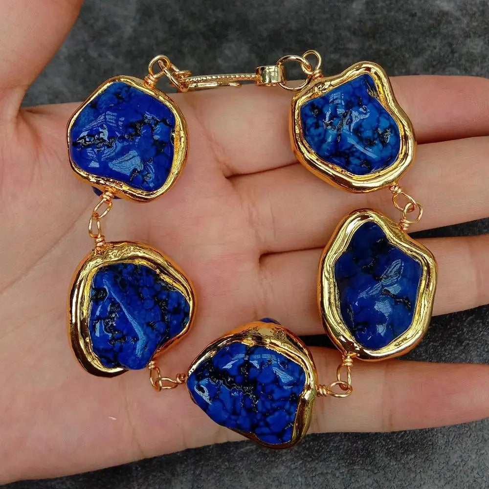 Deep Blue Turquoise Freeform Shaped With Gold Plated Bezel Beaded Wrap Bracelet