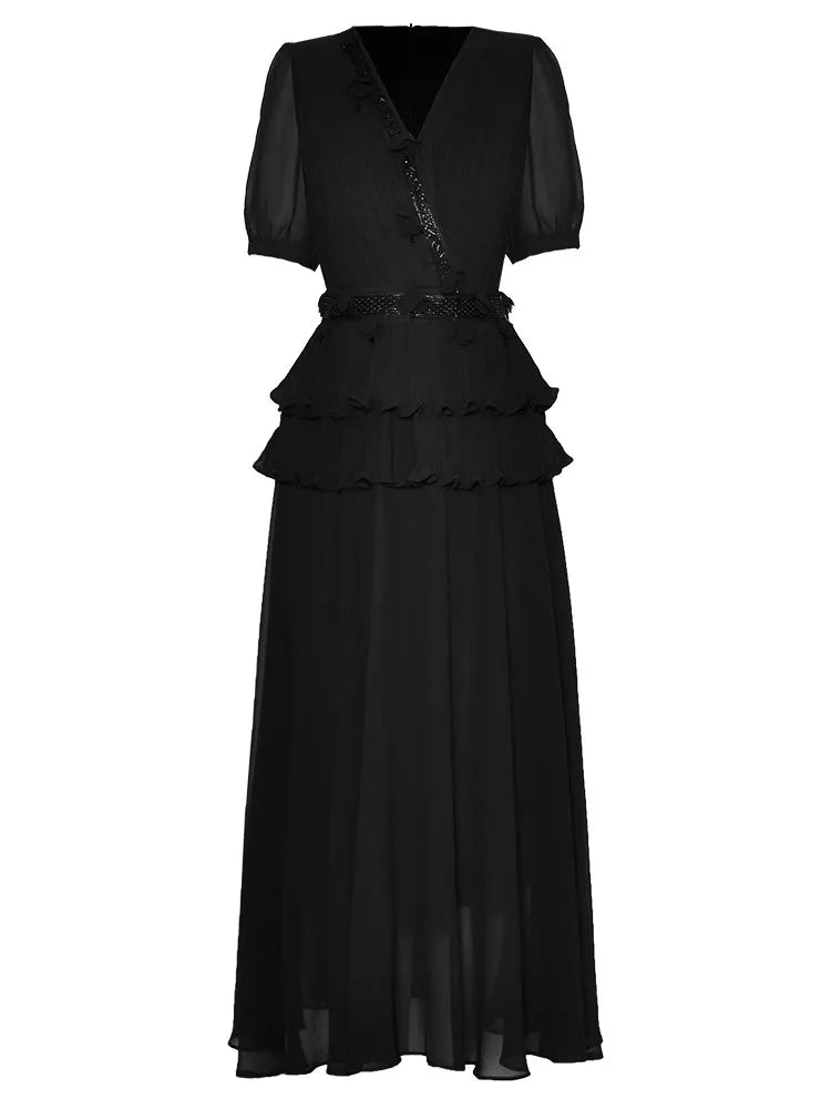 Halimah  V-Neck Short Sleeves Beading Ruffles Black Vintage Party Dress