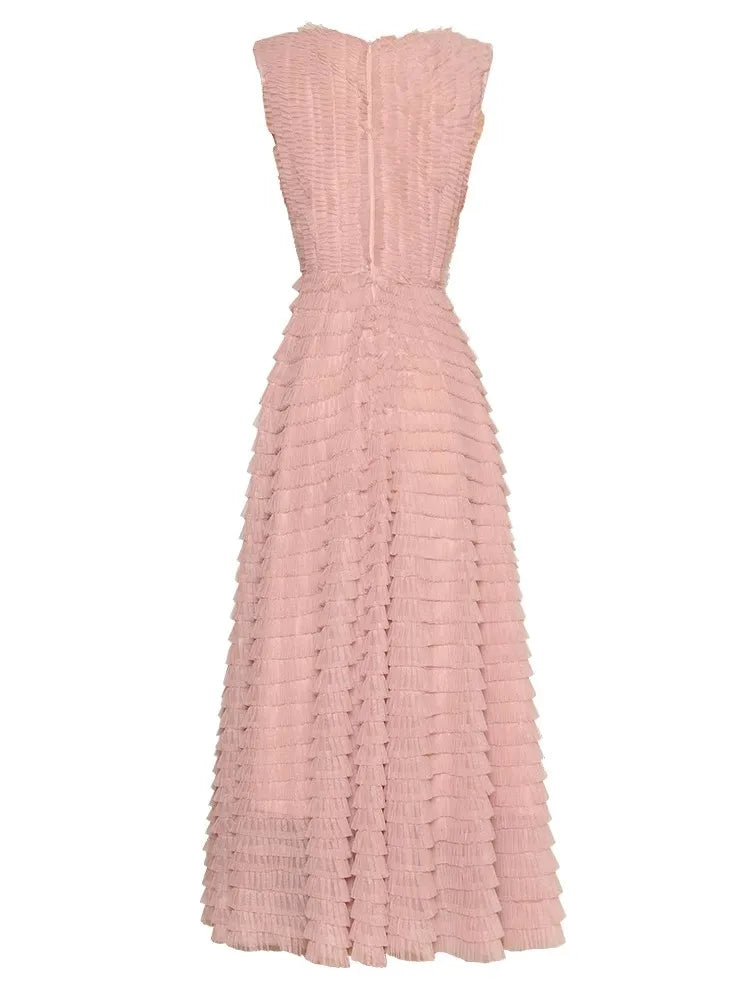 Gia  Mesh Long Dress Women V-Neck Sleeveless Ruffles High Waiste Vintage Dress